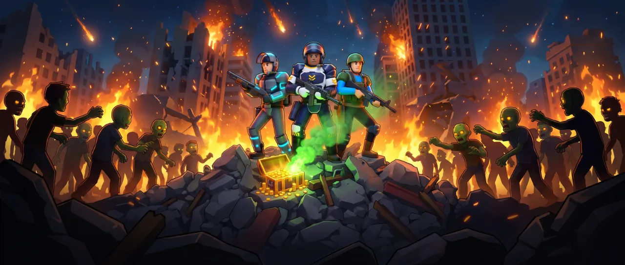 Key art: three heroes on rubble in a burning city, zombies closing in